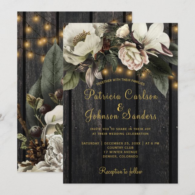 Winter ivory white floral rustic bouquet wedding invitation (Front/Back)
