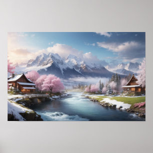 Winter Japanese Sakura Tree with Mountain View Poster