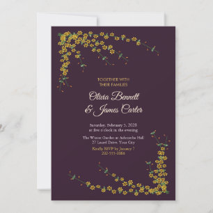 Winter Jasmine Yellow Stars Plum Wedding Invitation