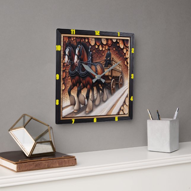 Winter Journey Charred Wood Clydesdale Masterpiece Square Wall Clock (Office)
