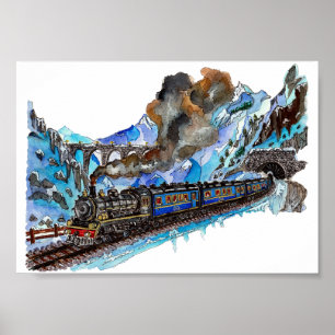 Winter Journey Mountain Steam Train Watercolor Poster
