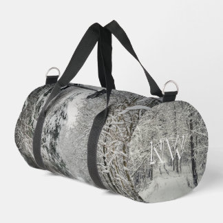 Winter journey through the woodland duffle bag