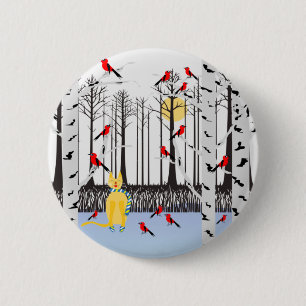 Winter Joy - Cat with scarf Birch Trees Cardinals 6 Cm Round Badge