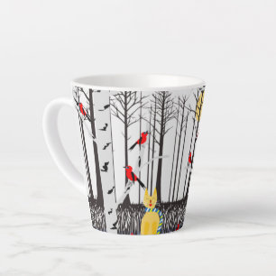 Winter Joy - Cat with scarf Birch Trees Cardinals Latte Mug