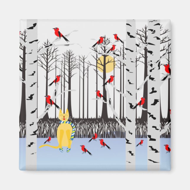 Winter Joy - Cat with scarf Birch Trees Cardinals Magnet (Front)