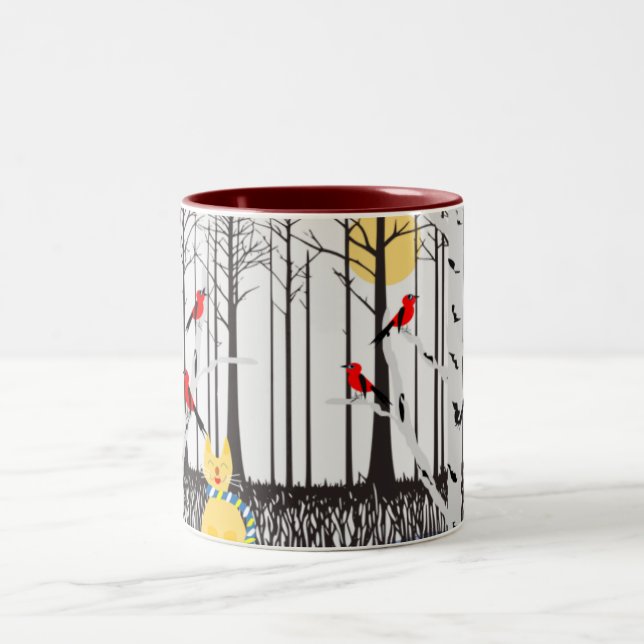 Winter Joy - Cat with scarf Birch Trees Cardinals Two-Tone Coffee Mug (Center)