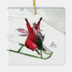 Winter Joy Fox Rabbit Tobogganing Holiday Ceramic Ornament