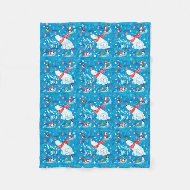 Winter Joy Polar Bear and Penguins in the Snow Fleece Blanket (Front)