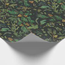 Winter Juniper Pine Gift Wrap on Black Background