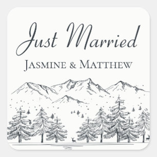Winter Just Married Mountain Nature Trees Wedding Square Sticker