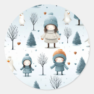 Winter Kids Playing Classic Round Sticker