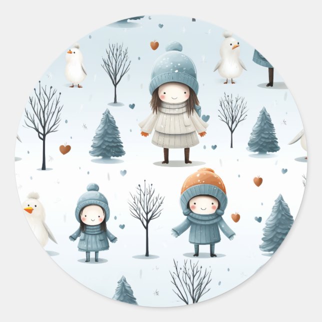 Winter Kids Playing Classic Round Sticker (Front)
