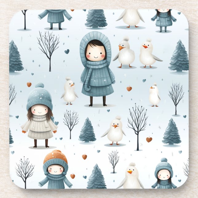 Winter Kids Playing Coaster (Front)