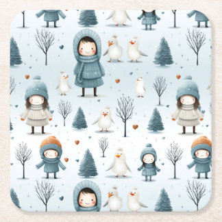 Winter Kids Playing Square Paper Coaster