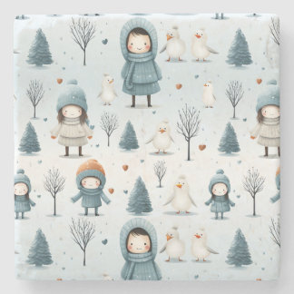 Winter Kids Playing Stone Coaster