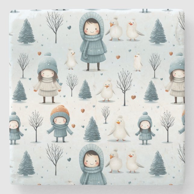 Winter Kids Playing Stone Coaster (Front)