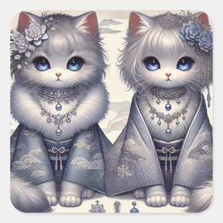 Winter Kimono Princess Cats Square Sticker