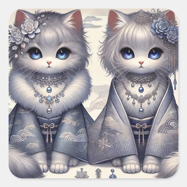 Winter Kimono Princess Cats Square Sticker (Front)