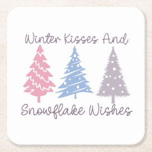Winter Kisses and Snowflake Wishes Square Paper Coaster