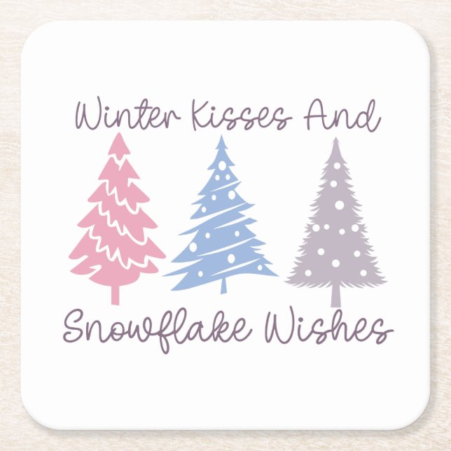 Winter Kisses and Snowflake Wishes Square Paper Coaster (Front)