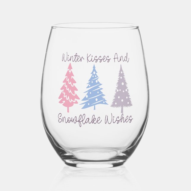 Winter Kisses and Snowflake Wishes Stemless Wine Glass (Front)