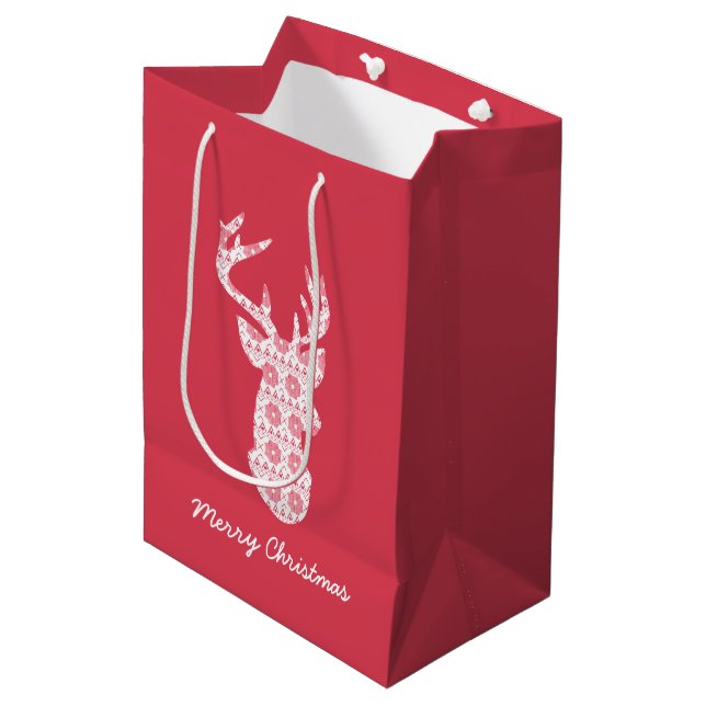 Winter Knit Christmas Reindeer Gift Bag (Front Angled)