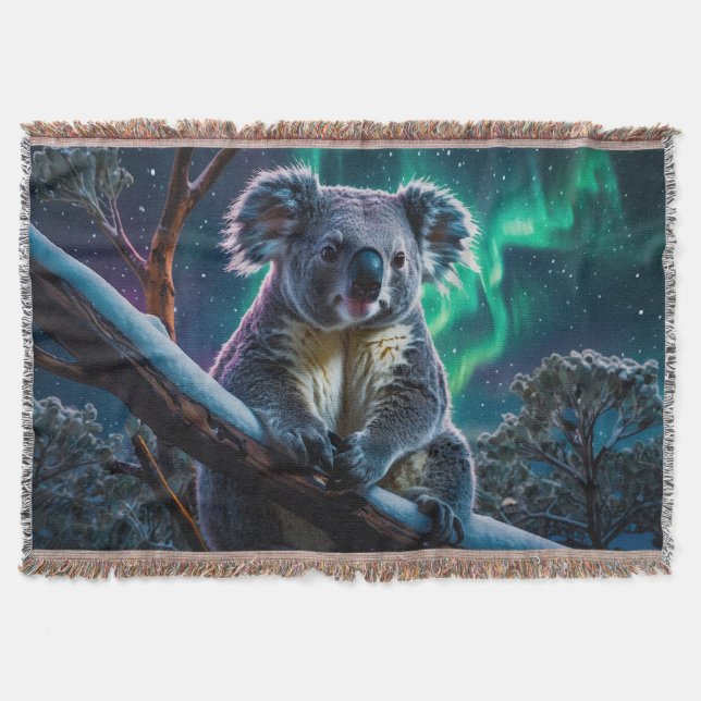 Winter Koala and Southern Lights Throw Blanket (Front)