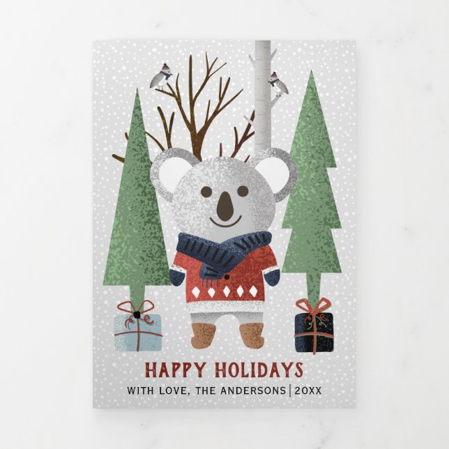 Winter koala and trees Christmas multi photo Tri-Fold Holiday Card (Cover)