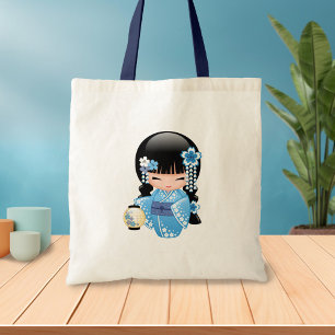 Winter Kokeshi Doll - Blue Kimono Geisha Girl 2 Tote Bag