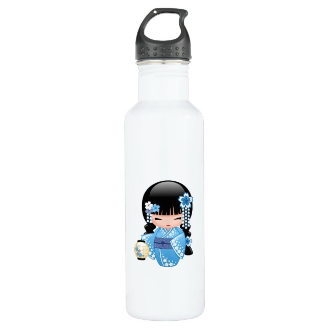 Winter Kokeshi Doll - Blue Kimono Geisha Girl 710 Ml Water Bottle (Front)