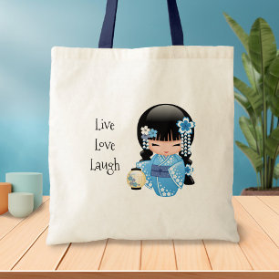 Winter Kokeshi Doll - Blue Kimono Geisha Girl Tote Bag