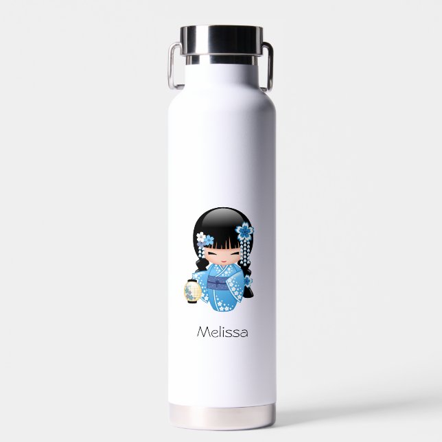 Winter Kokeshi Doll - Blue Kimono Geisha Girl Water Bottle (Front)