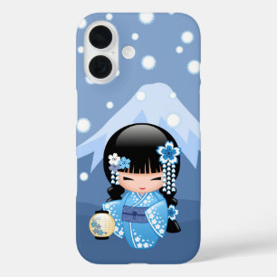 Winter Kokeshi Doll Blue Mountain Geisha Girl iPhone 16 Case