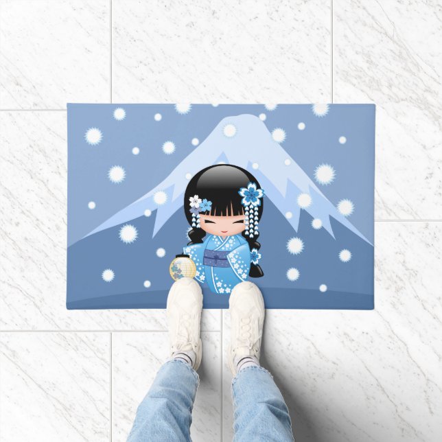 Winter Kokeshi Doll - Blue Mountain Geisha Girl Doormat (Indoor)