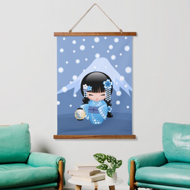 Winter Kokeshi Doll - Blue Mountain Geisha Girl Hanging Tapestry (Living Room)