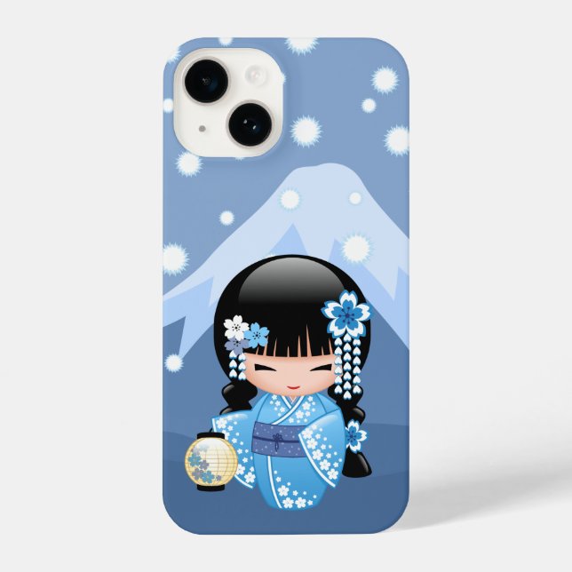 Winter Kokeshi Doll - Blue Mountain Geisha Girl iPhone Case (Back)