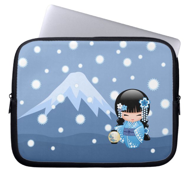 Winter Kokeshi Doll - Blue Mountain Geisha Girl Laptop Sleeve (Front)
