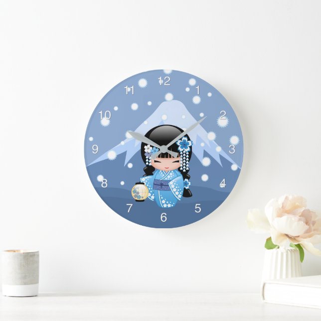 Winter Kokeshi Doll - Blue Mountain Geisha Girl Large Clock (Home)