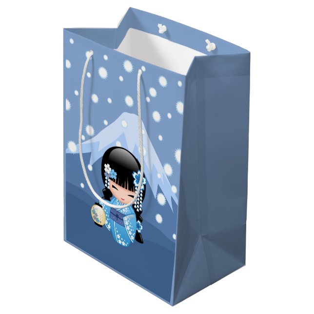 Winter Kokeshi Doll - Blue Mountain Geisha Girl Medium Gift Bag (Back Angled)