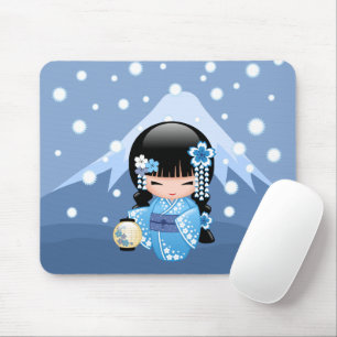 Winter Kokeshi Doll - Blue Mountain Geisha Girl Mouse Mat