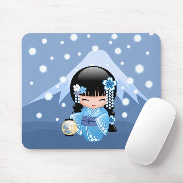 Winter Kokeshi Doll - Blue Mountain Geisha Girl Mouse Mat (With Mouse)