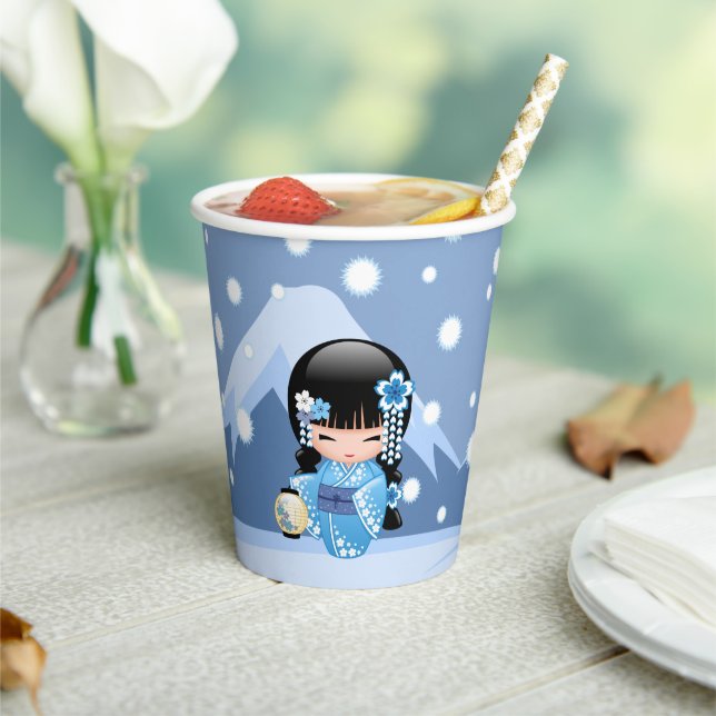 Winter Kokeshi Doll - Blue Mountain Geisha Girl Paper Cups (Insitu)