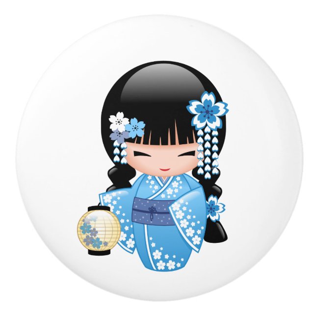 Winter Kokeshi Doll - Cute Japanese Geisha Girl Ceramic Knob (Front)