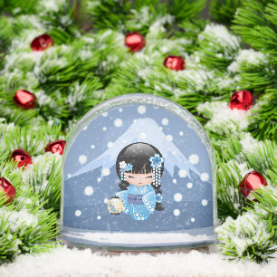 Winter Kokeshi Geisha Blue Girl Snow Globe