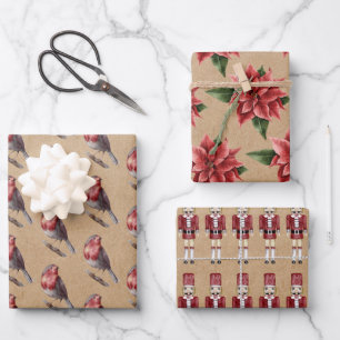 Winter Kraft Robin Nutcracker Poinsettia Wrapping Paper Sheet