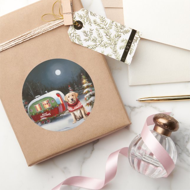 Winter Labrador Caravan Christmas Adventure Classic Round Sticker (Gifting)