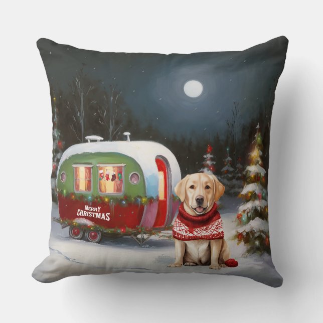Winter Labrador Caravan Christmas Adventure Cushion (Front)