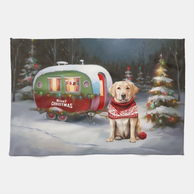Winter Labrador Caravan Christmas Adventure Tea Towel (Horizontal)
