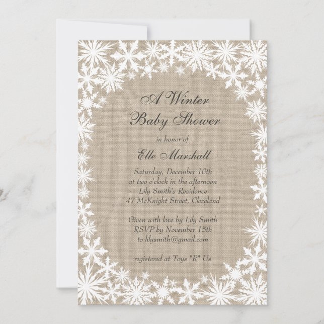 Winter Lace on Burlap Baby Shower Invitation (Front)