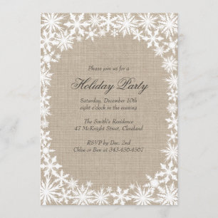 Winter Lace on Burlap Holiday Party Invitation